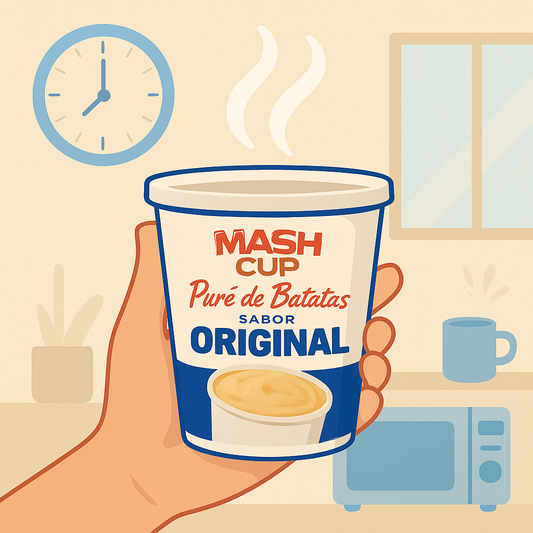 "Ilustração em estilo flat de uma mão segurando um copo de Mash Cup sabor original, com vapor saindo, em um ambiente doméstico com micro-ondas, relógio marcando 3 minutos e janela ao fundo, representando a praticidade do preparo