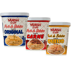 Kit com 3 unidades do Mash Cup – Sabores Original, Carne e Queijo, purê de batata instantâneo no copo