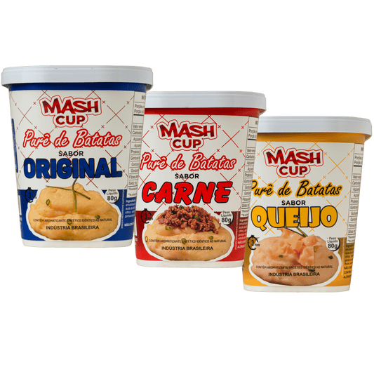 Kit com 3 unidades do Mash Cup – Sabores Original, Carne e Queijo, purê de batata instantâneo no copo