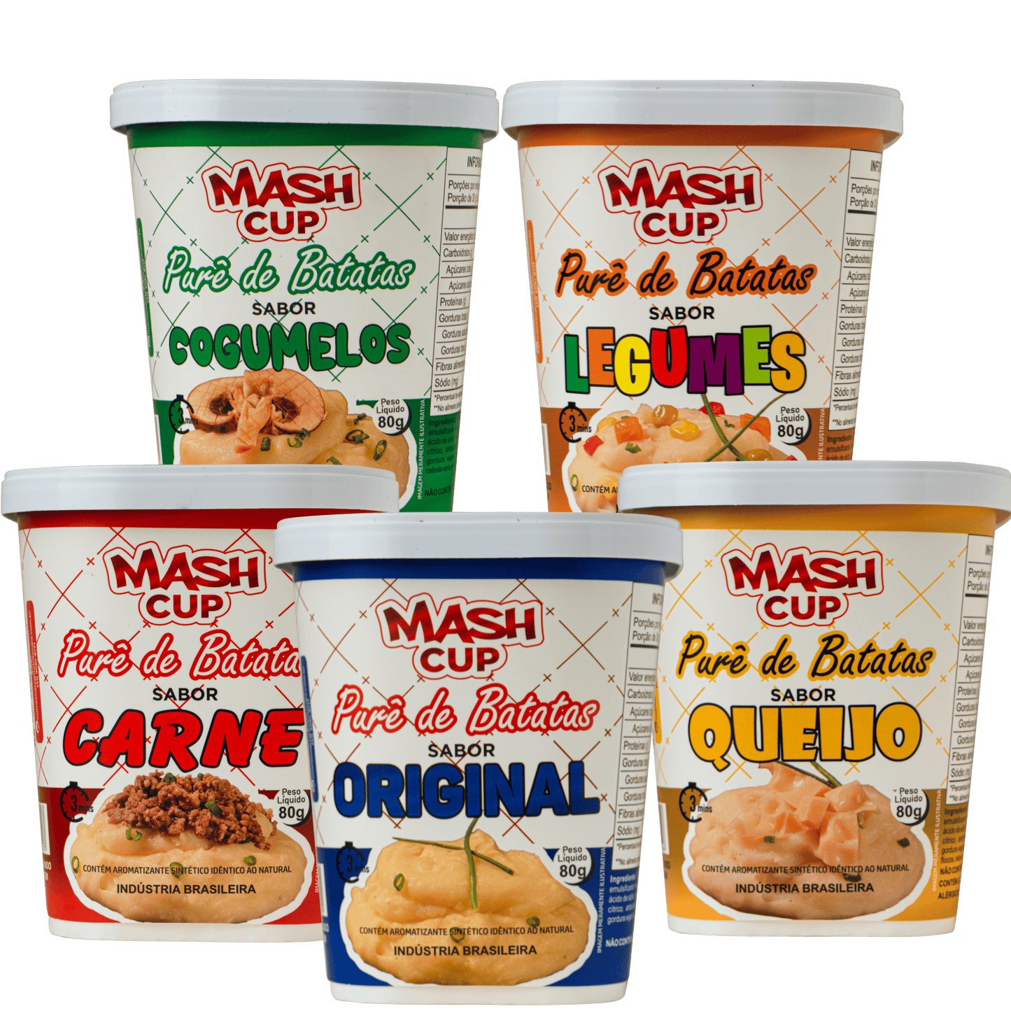 Kit com 5 unidades Mash Cup – Sabores Original, Carne, Queijo, Legumes e Cogumelos