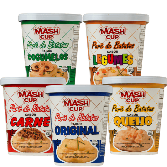 Kit com 5 unidades Mash Cup – Sabores Original, Carne, Queijo, Legumes e Cogumelos