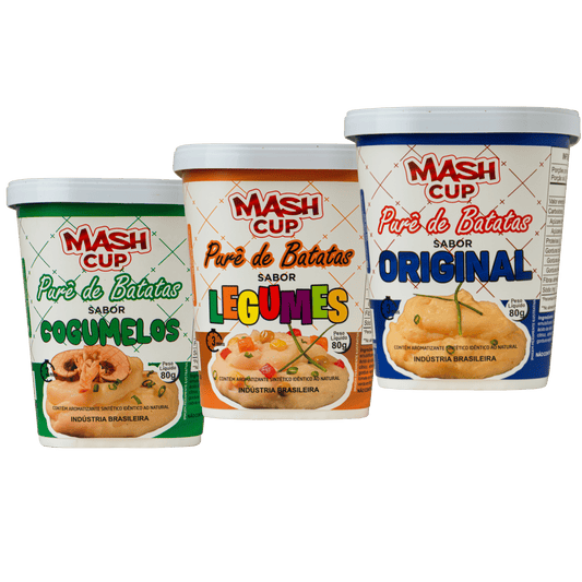 Kit com 3 unidades do purê de batata instantâneo Mash Cup – sabores Original, Cogumelo e Legumes