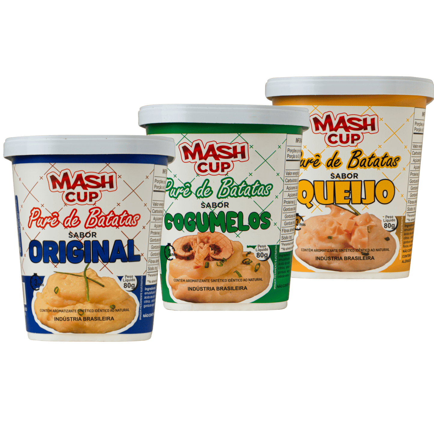 Kit Mash Cup com 3 unidades nos sabores Original, Cogumelo e Queijo – purê de batata instantâneo no copo
