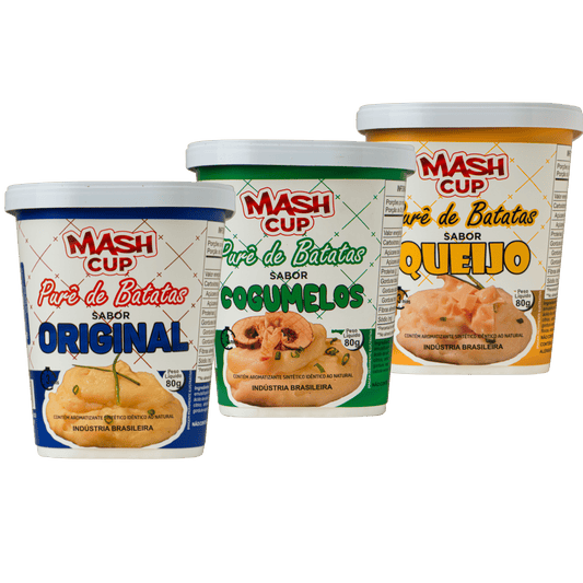 Kit Mash Cup com 3 unidades nos sabores Original, Cogumelo e Queijo – purê de batata instantâneo no copo
