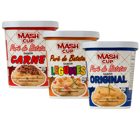 Kit com 3 unidades Mash Cup – Sabores Original, Legumes e Carne em embalagem de purê de batata instantâneo no copo