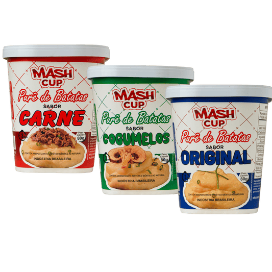 Kit Mash Cup com 3 unidades nos sabores Original, Cogumelo e Carne - Purê de batata instantâneo no copo