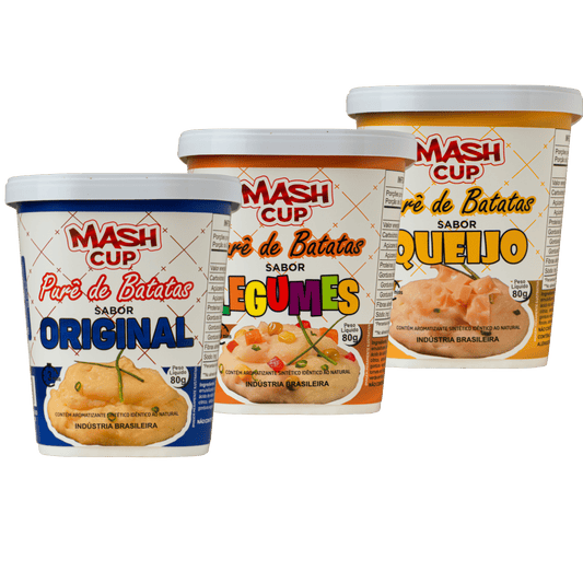 Kit Mash Cup com 3 copos de purê de batata nos sabores Original, Legumes e Queijo